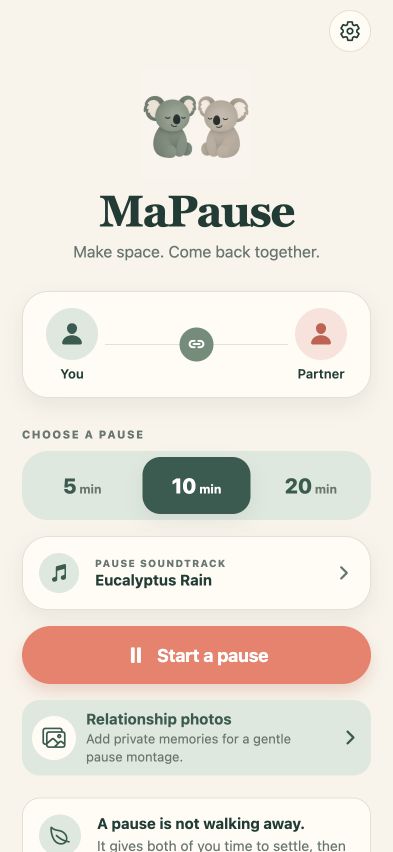 MaPause home screen with pause length, soundtrack, and Start a pause controls