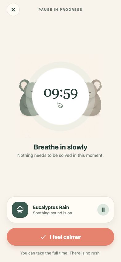 MaPause ten-minute pause screen with breathing guidance and Eucalyptus Rain controls