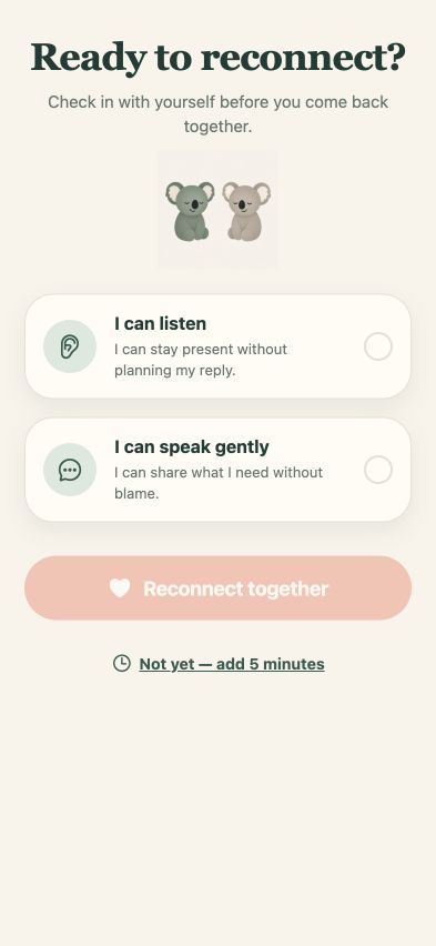 MaPause reconnect readiness screen with listening and speaking check-ins