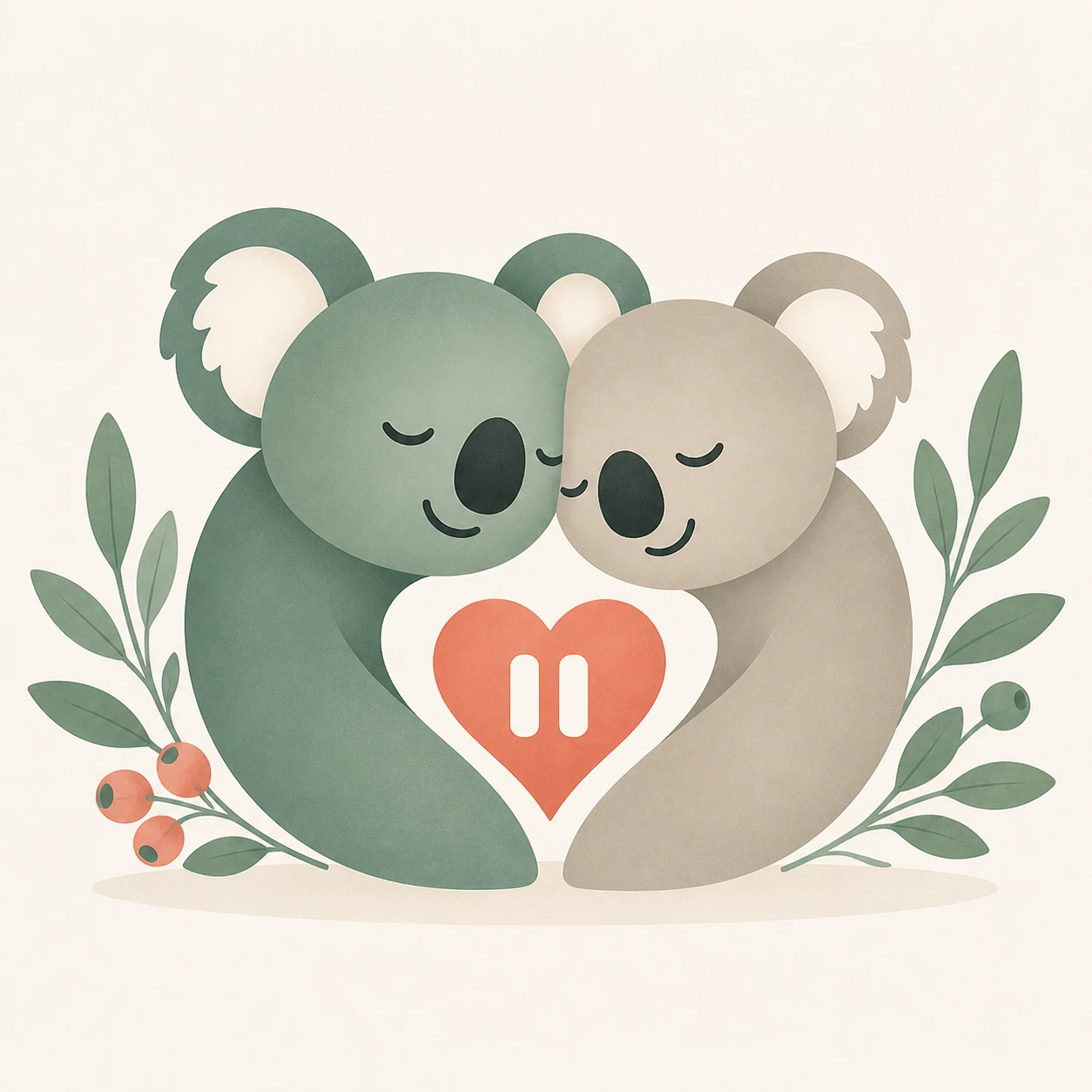 Two calm koalas resting together with leafy branches and a coral pause heart